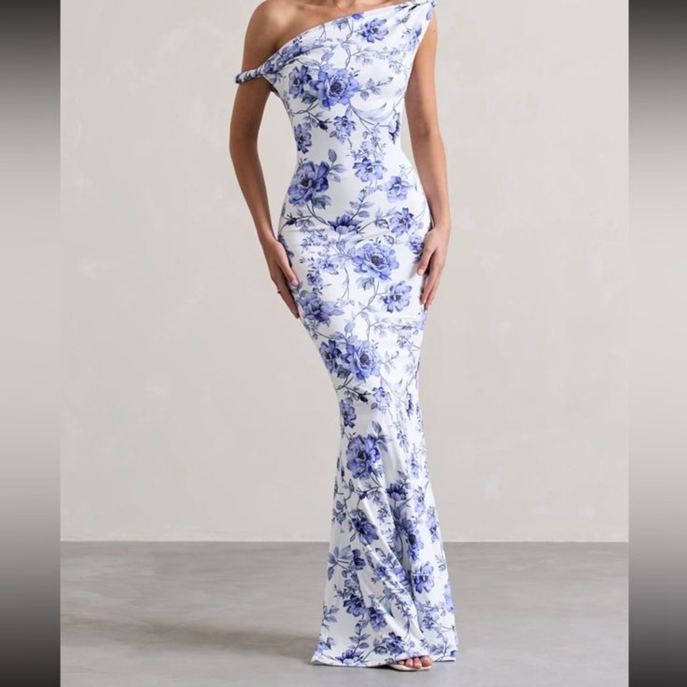 Club L London One-Shoulder White Maxi Dress with Blue Floral Print